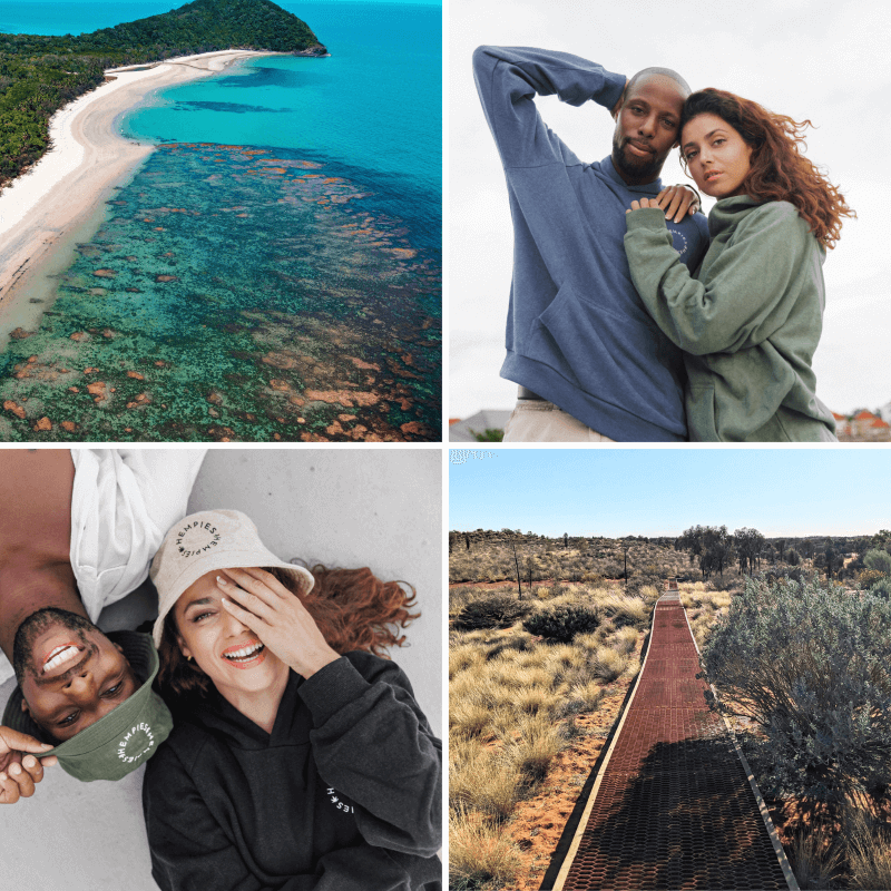 Grid of Four Images. Coral Reef Ariel Image, Australian Outback Path and Hemp Hoodies and Bucket Hats