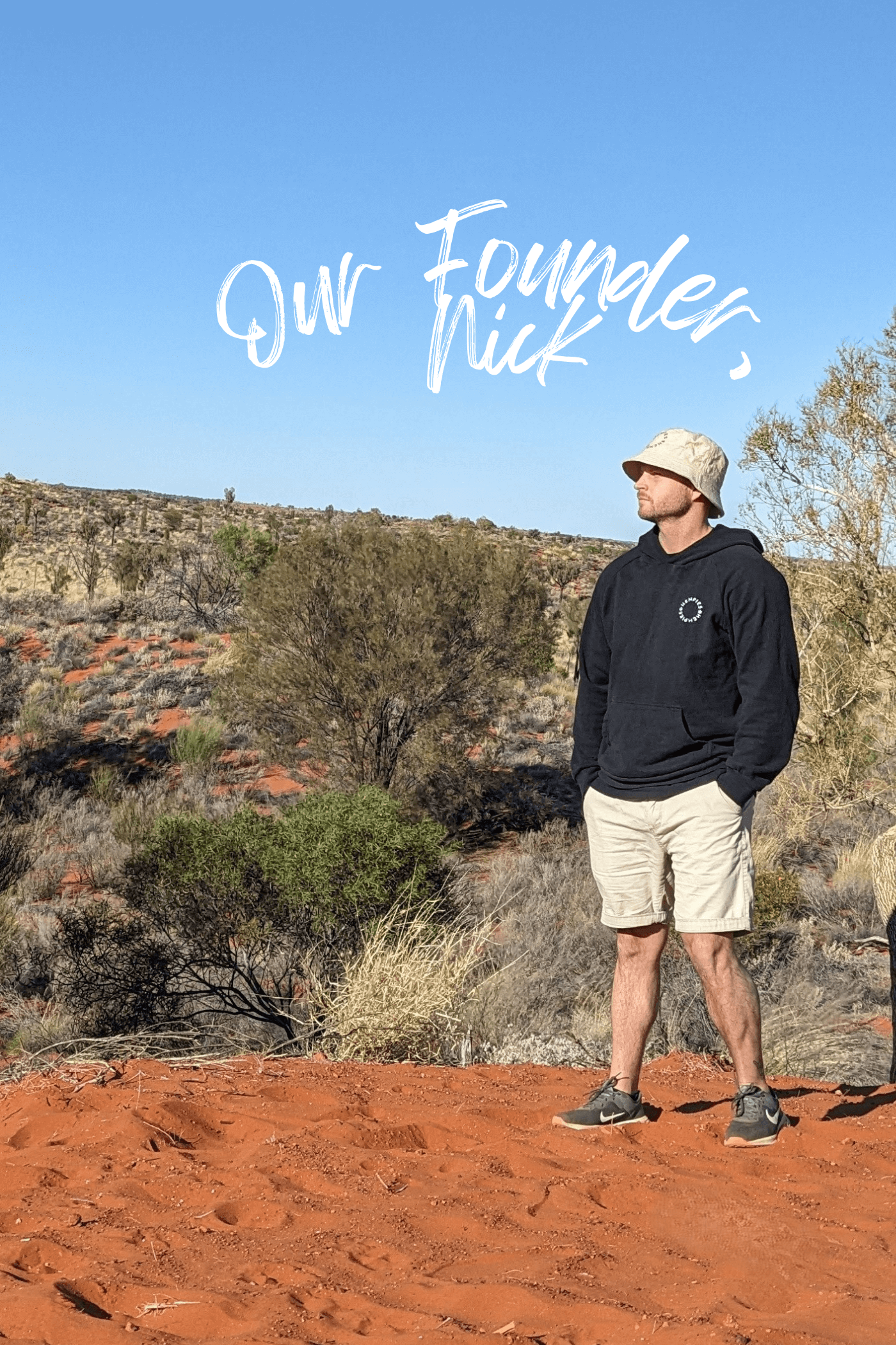 Australian Outback Image with Man in Hemp Tan Bucket Hat and Black Hemp Organic Cotton Hoodie