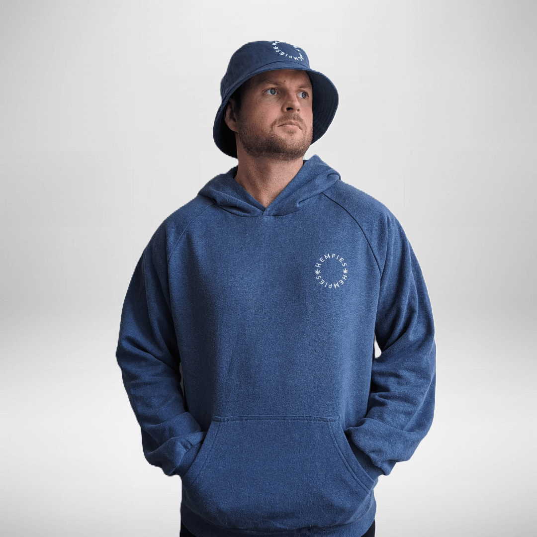 Male in Comfortable Navy Blue Organic Cotton and Hemp Hoodie