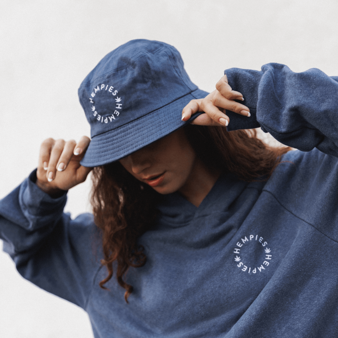 Young Female in Navy Blue Bucket Hat and Hemp and Organic Cotton Hoodie