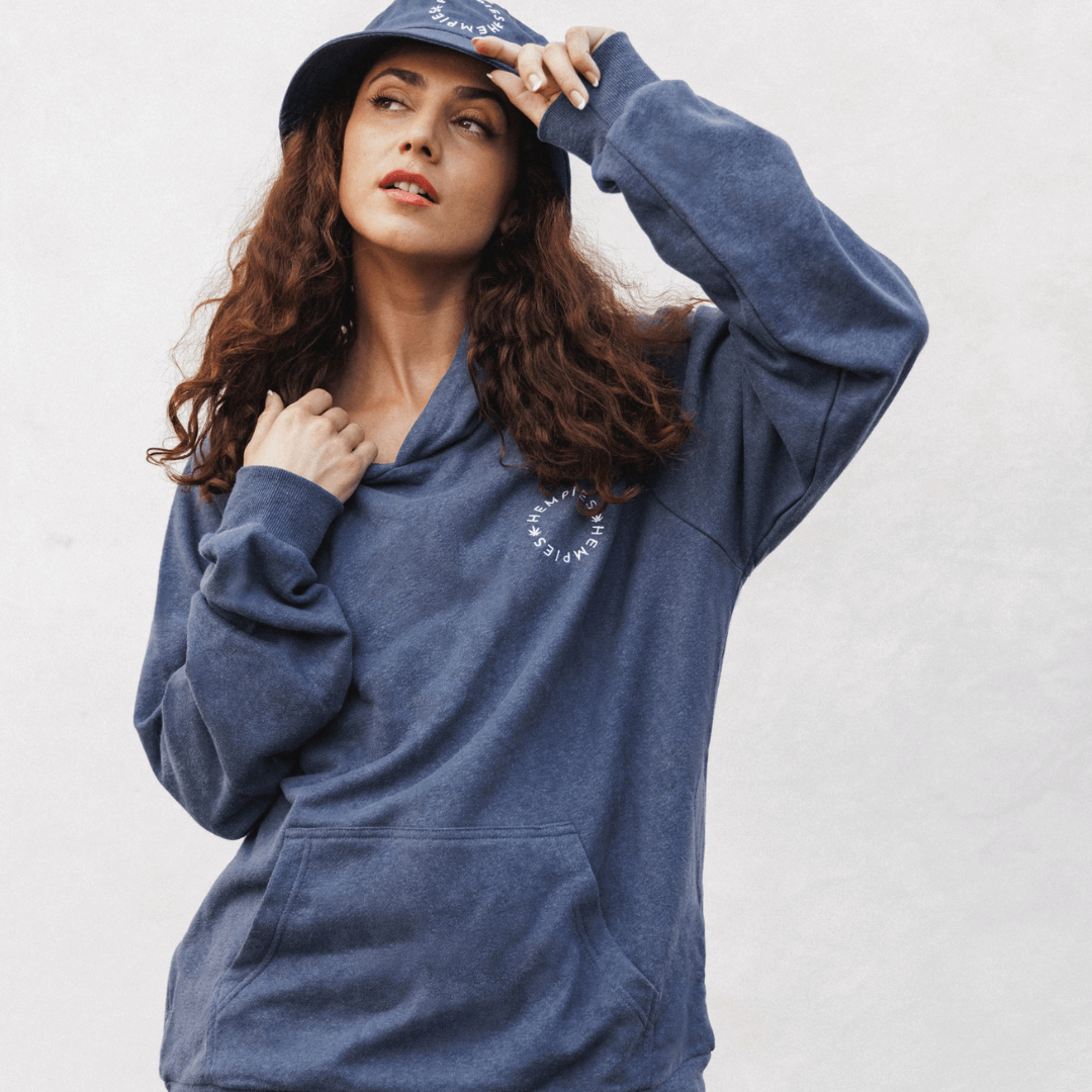 Woman in Small Navy Blue Comfy Hemp and Organic Cotton Hoodie Jumper