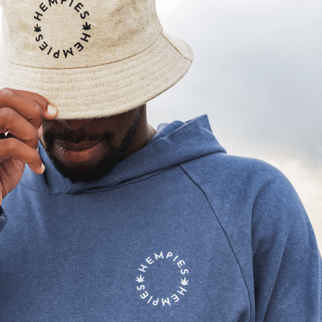 Close up of Hempies logo hemp bucket hat and hoodie